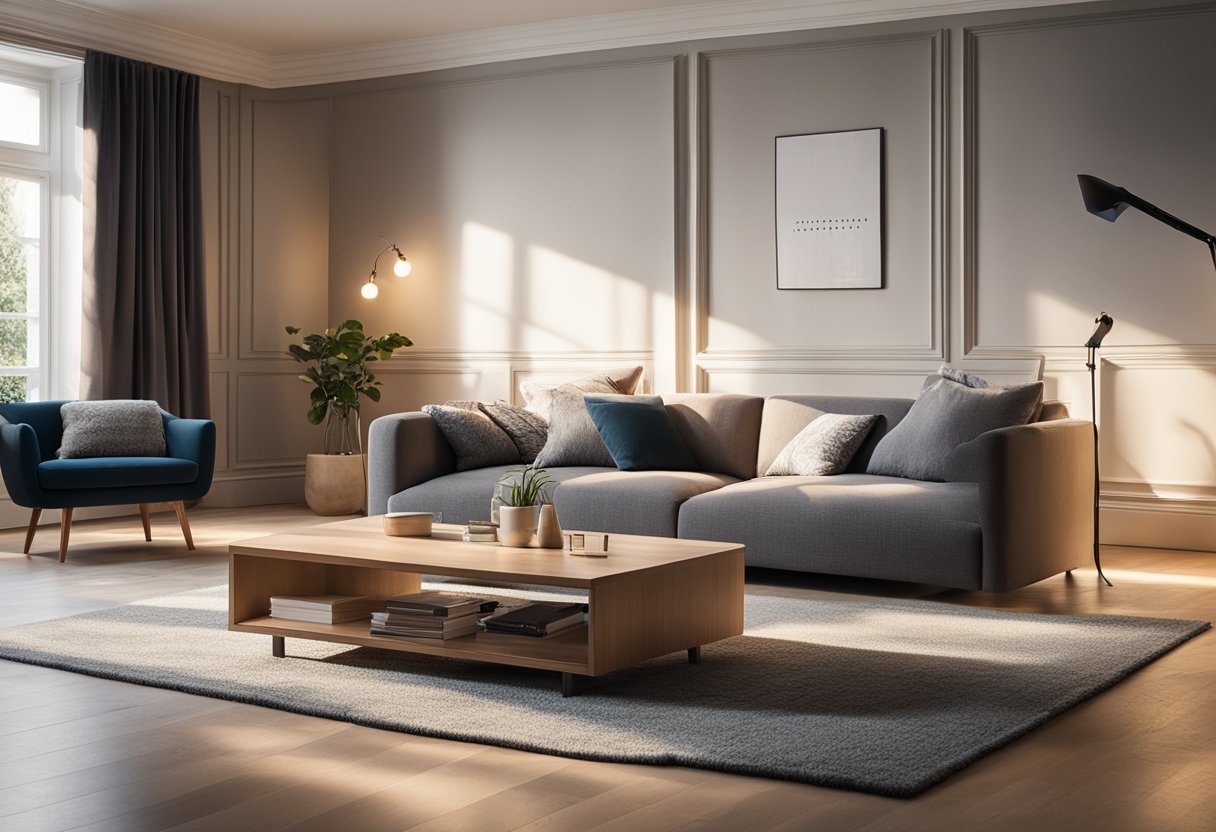 A cozy living room with a large, plush sofa, a coffee table, and a soft rug. Sunlight streams in through the windows, casting warm shadows on the floor