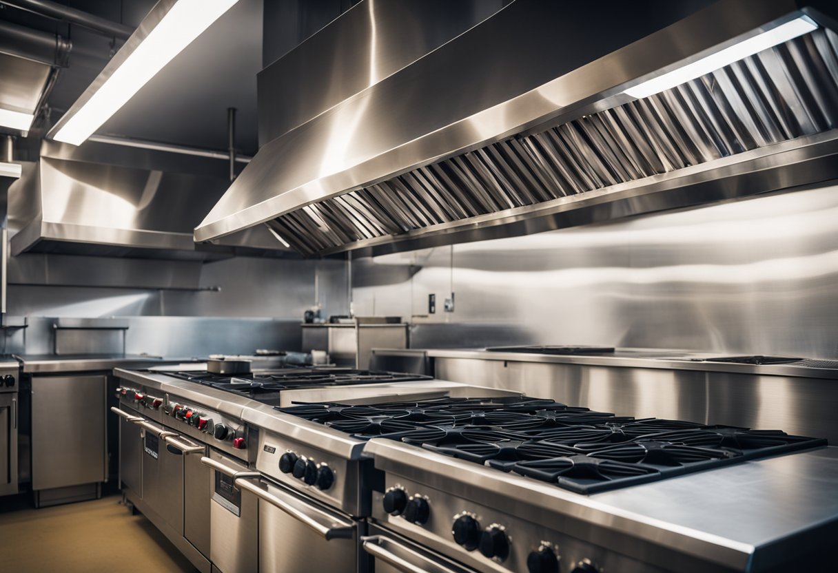 A large stainless steel hood hangs over a row of industrial stoves, with a series of powerful exhaust fans mounted on the ceiling, drawing steam and smoke up and out of the kitchen