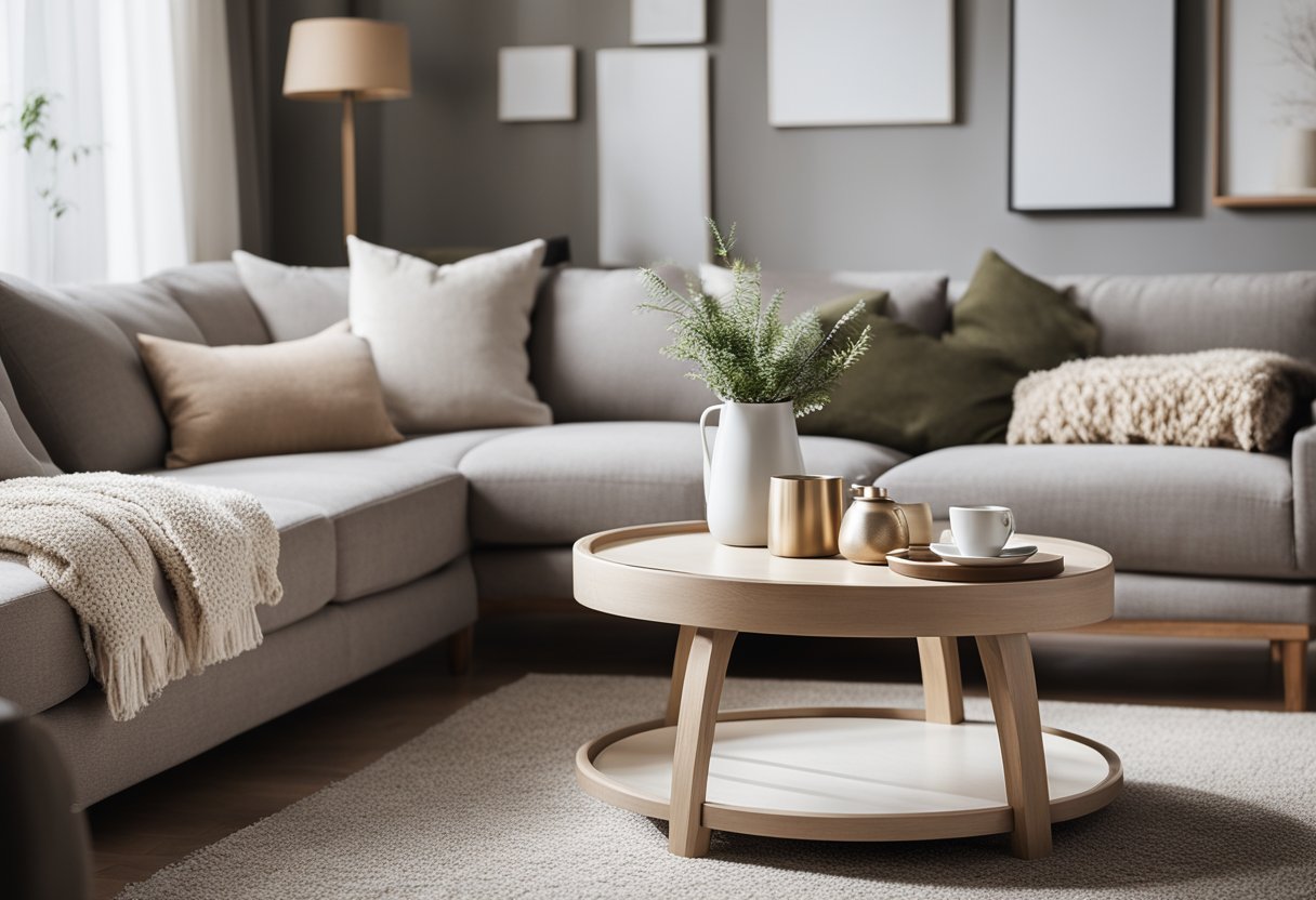 A cozy living room with a neutral color palette, a comfortable sofa, a coffee table with a decorative tray, and a soft area rug