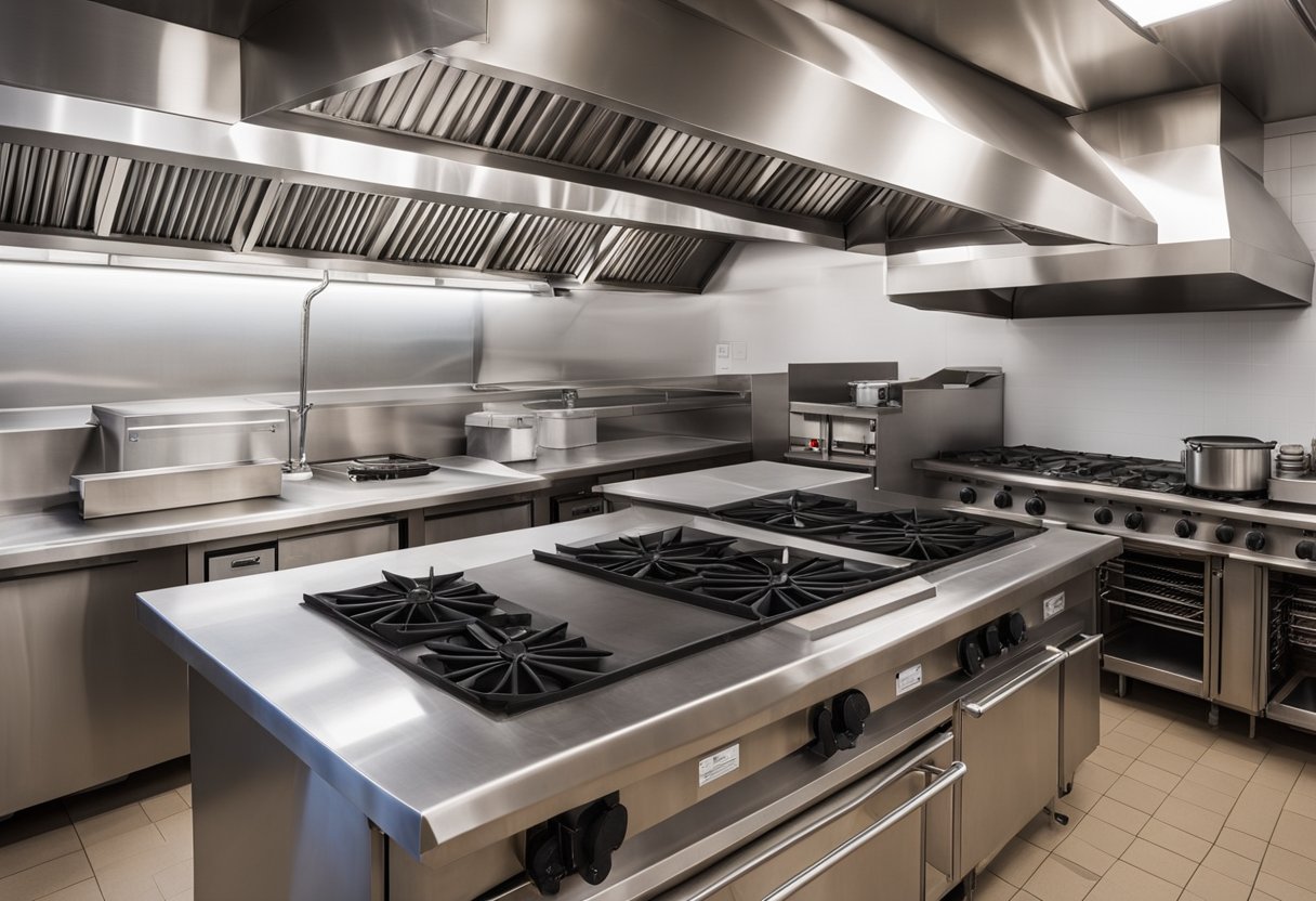 A commercial kitchen with a stainless steel hood, ductwork, and exhaust fan mounted on the roof. Grease filters and fire suppression system visible