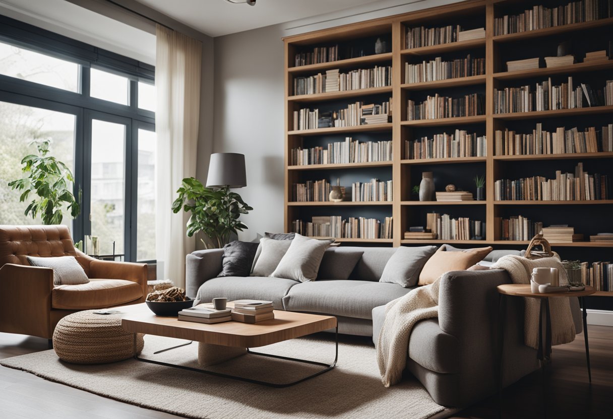 A cozy living room with a comfortable sofa, coffee table, and soft rug. Large windows let in natural light, and a bookshelf filled with books adds a touch of homeliness