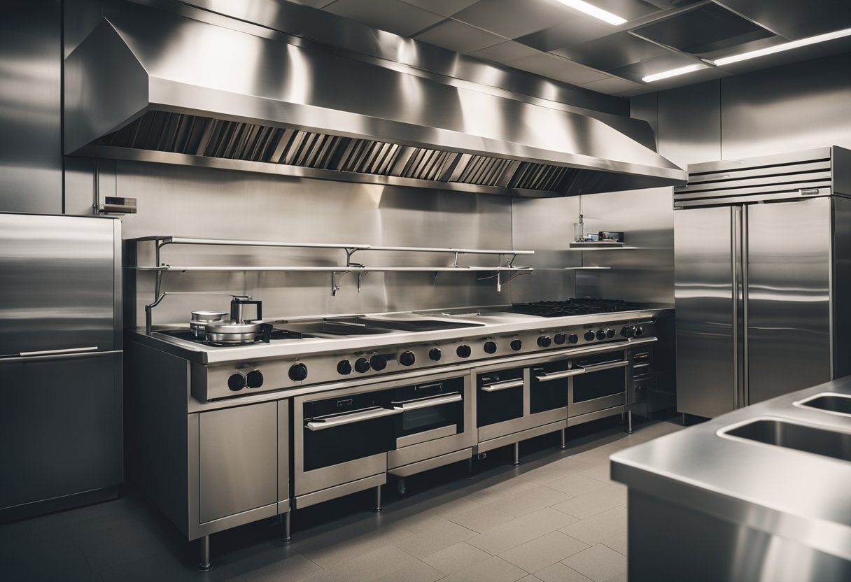 A sleek, modern commercial kitchen with efficient ventilation system and compliant design
