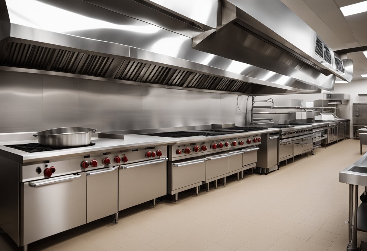 A commercial kitchen with a large hood and exhaust system above the cooking area, with ductwork leading to an external ventilation system