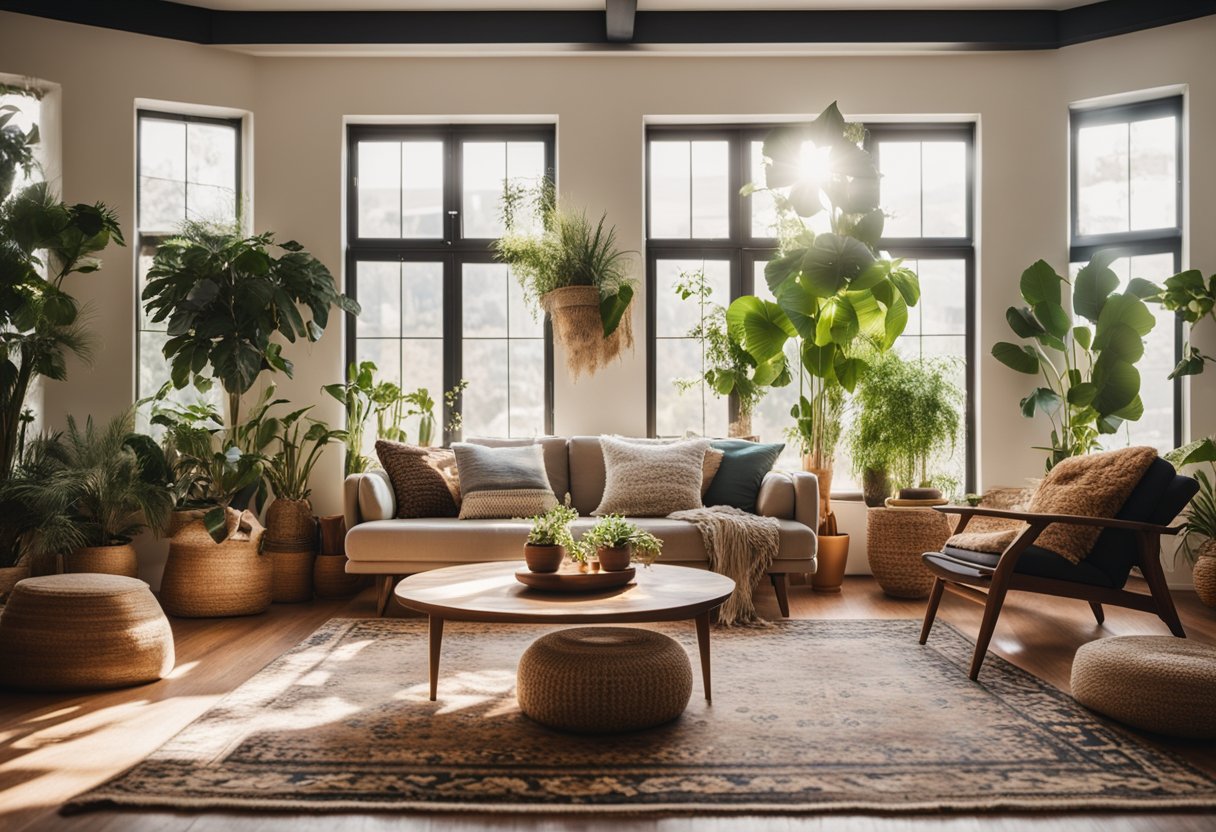 A cozy boho living room with a low wooden coffee table, patterned rugs, floor cushions, and hanging plants. Sunlight streams in through large windows, casting a warm glow on the eclectic mix of furniture and decor