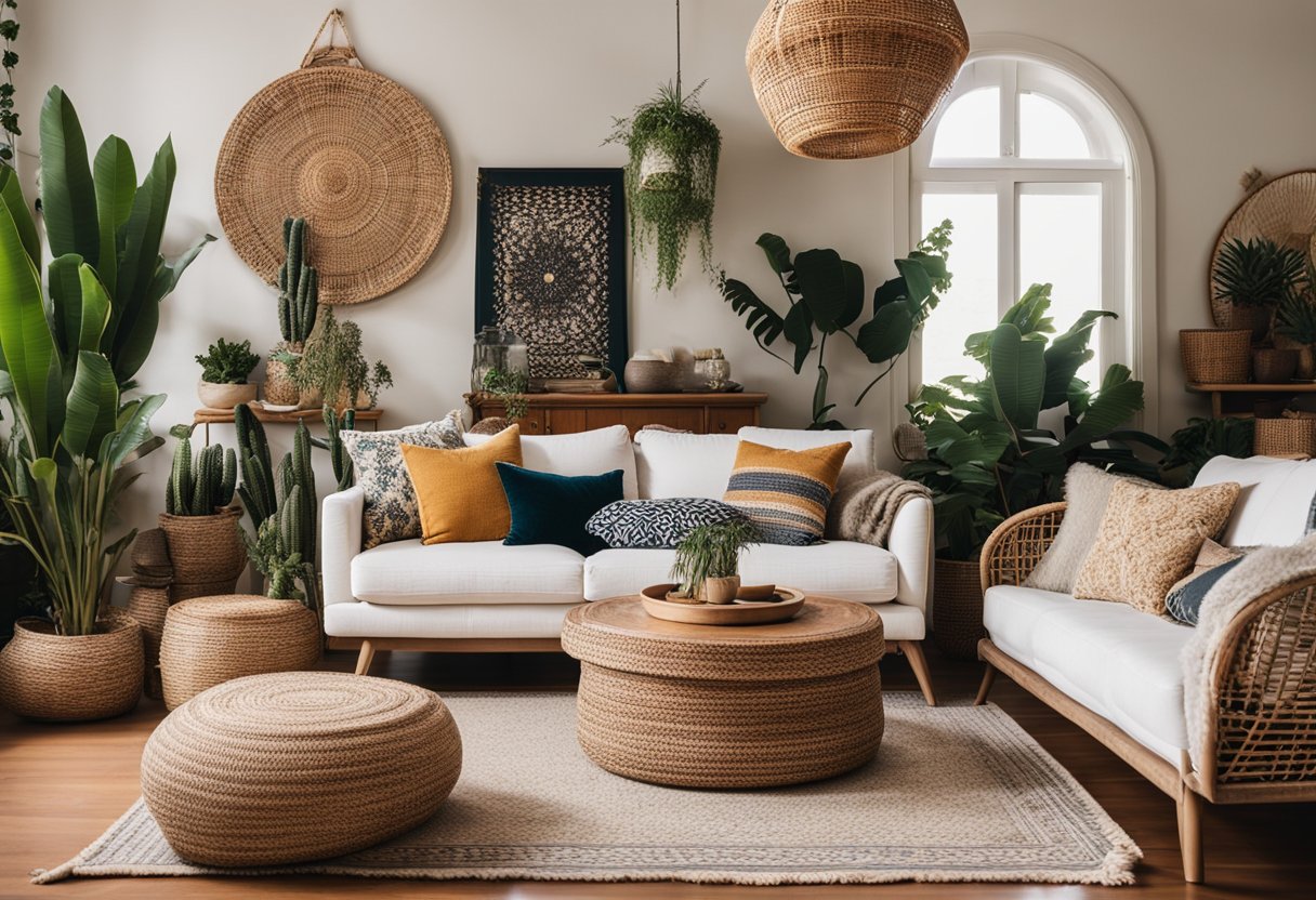 A cozy bohemian living room with eclectic furniture, vibrant textiles, and natural elements like plants and rattan. A mix of patterns and textures creates a relaxed, inviting atmosphere