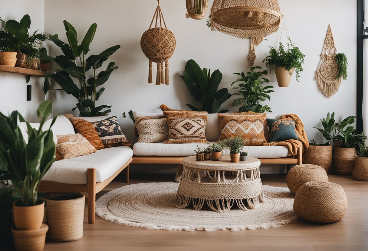 A cozy boho living room with colorful throw pillows, macrame wall hangings, and potted plants scattered around the room