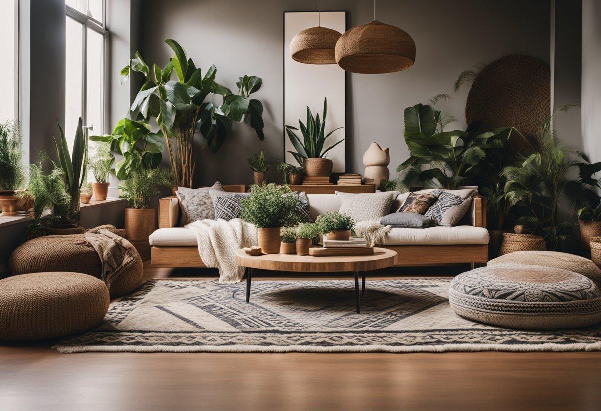 A cozy boho living room with low seating, layered rugs, and floor cushions. A mix of patterns and textures, hanging plants, and natural materials create a relaxed and inviting atmosphere
