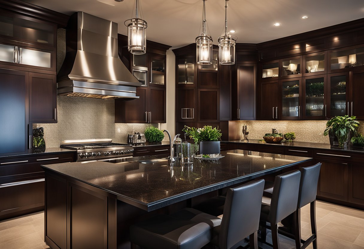 A dimly lit kitchen with rich, mahogany cabinets and a sleek, modern design. Stainless steel appliances and dark granite countertops complete the luxurious feel