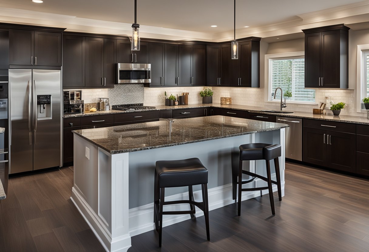 A spacious dark wood kitchen with sleek cabinets, granite countertops, and stainless steel appliances. A large island with bar seating and pendant lighting completes the modern yet cozy design