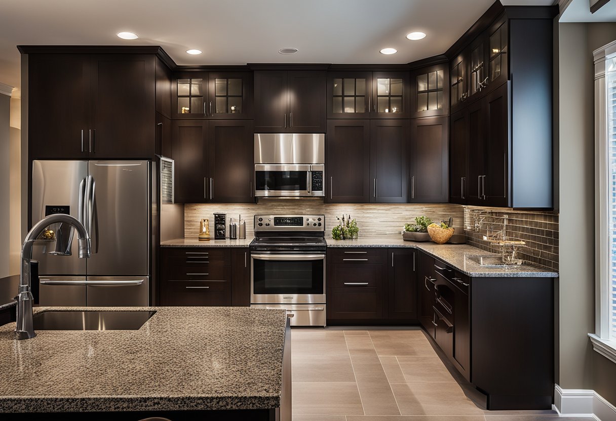 A dimly lit kitchen with rich, dark wood cabinets and countertops, accented by warm overhead lighting and sleek stainless steel appliances