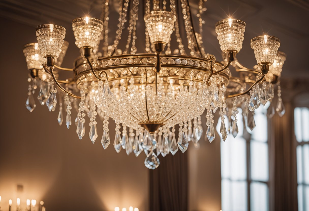 A grand chandelier hangs from the ceiling, casting a warm glow over the elegant living room. Intricate crystal and metal designs sparkle in the light