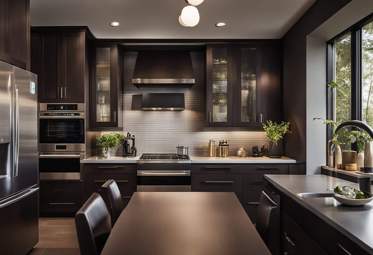 A cozy, dimly lit kitchen with rich, dark wood cabinetry and sleek, modern appliances. The space is warm and inviting, with clean lines and a contemporary feel