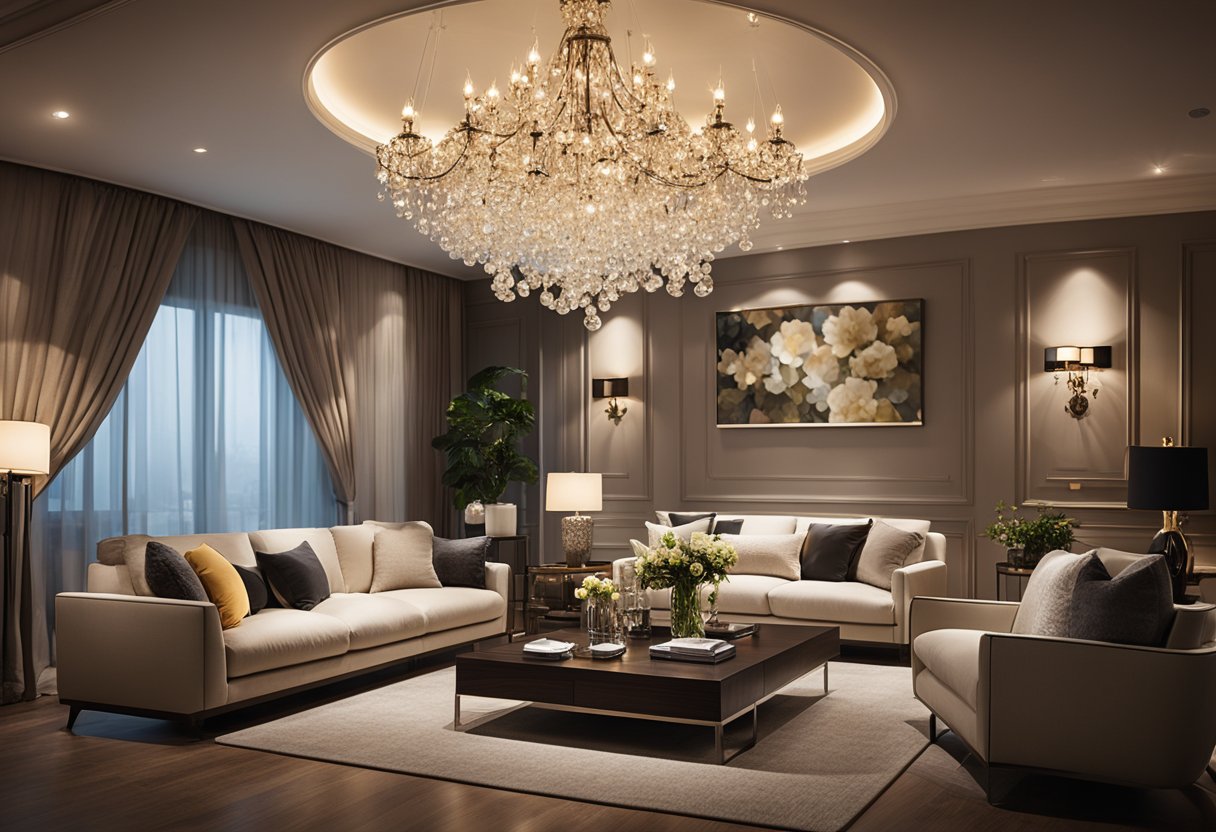 A cozy living room with various chandelier styles hanging from the ceiling, casting warm and inviting light throughout the space