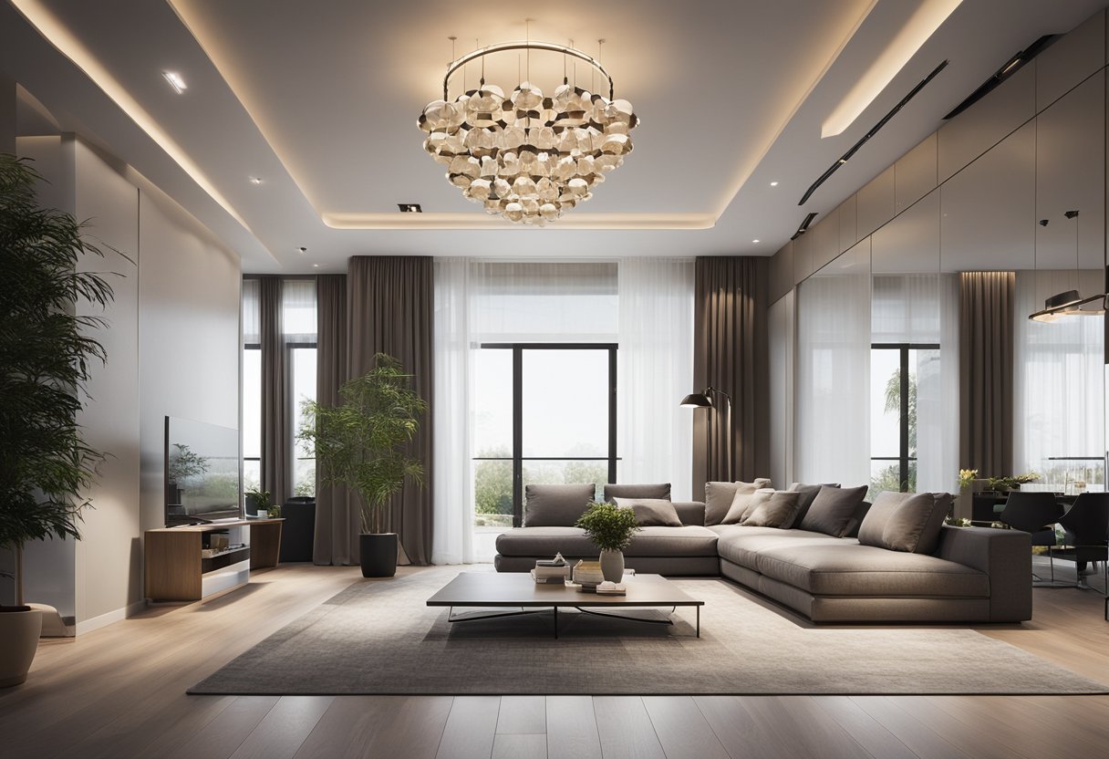 A spacious living room with high ceilings, featuring a modern chandelier with clean lines and geometric shapes, casting warm, ambient light throughout the space