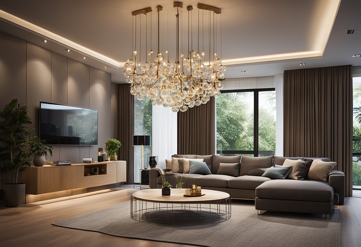 A modern living room with a sleek, minimalist chandelier hanging from the ceiling, casting a warm and inviting glow over the space