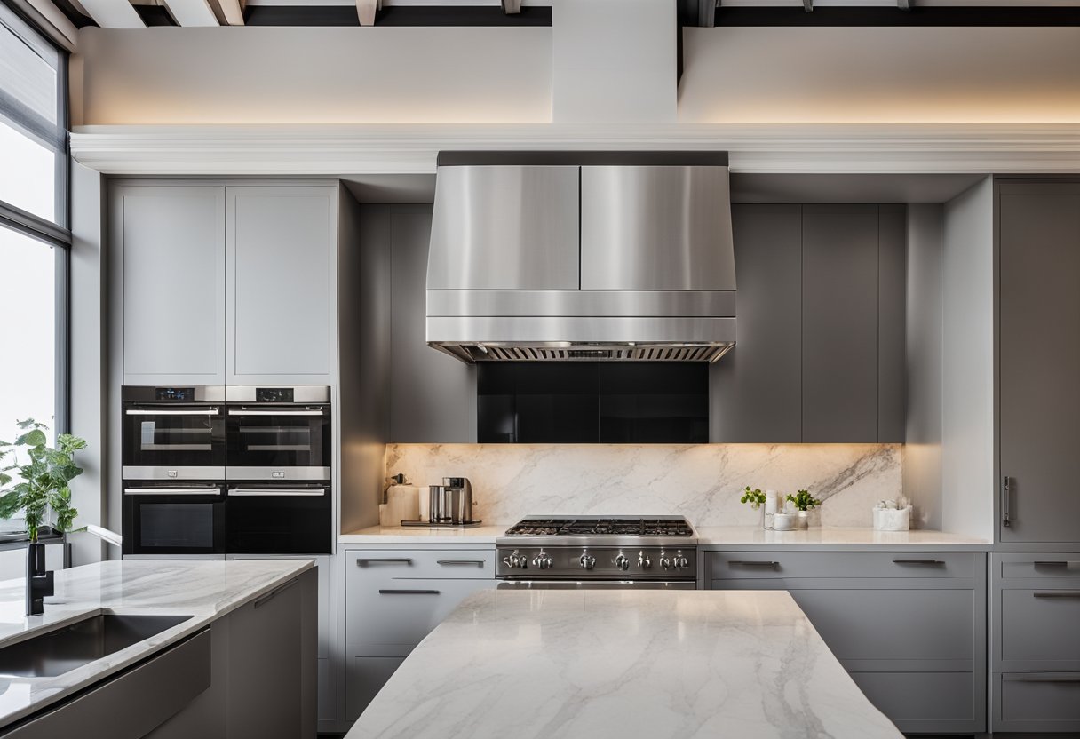 A sleek, modern kitchen with stainless steel designer hoods above the stovetop, surrounded by marble countertops and a large, open space