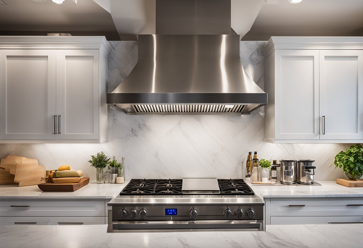 A sleek stainless steel kitchen hood hangs above a marble countertop, surrounded by various materials like glass, wood, and metal samples