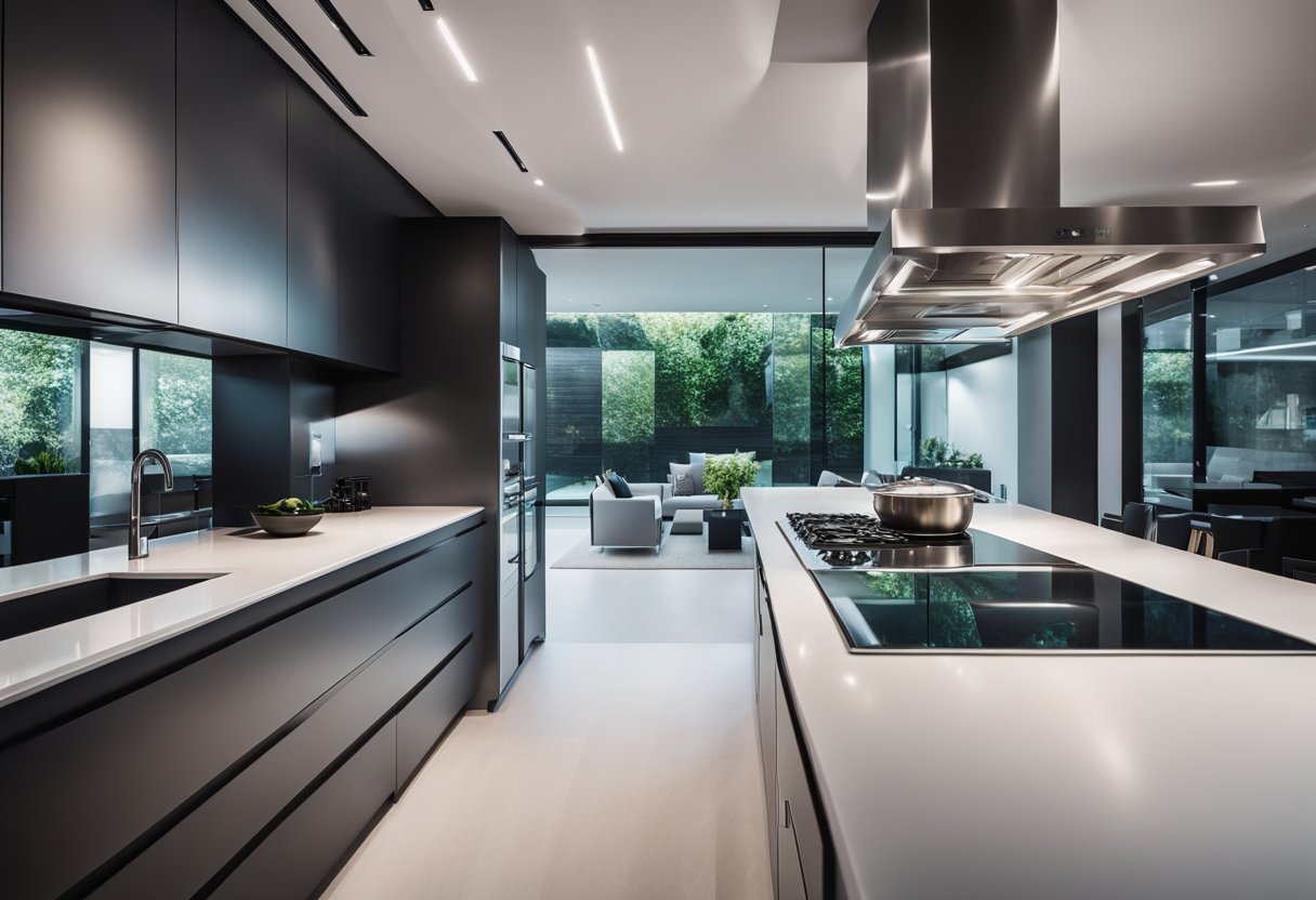A sleek, modern kitchen with a futuristic hood design. Clean lines, stainless steel, and advanced features like touch controls and integrated lighting