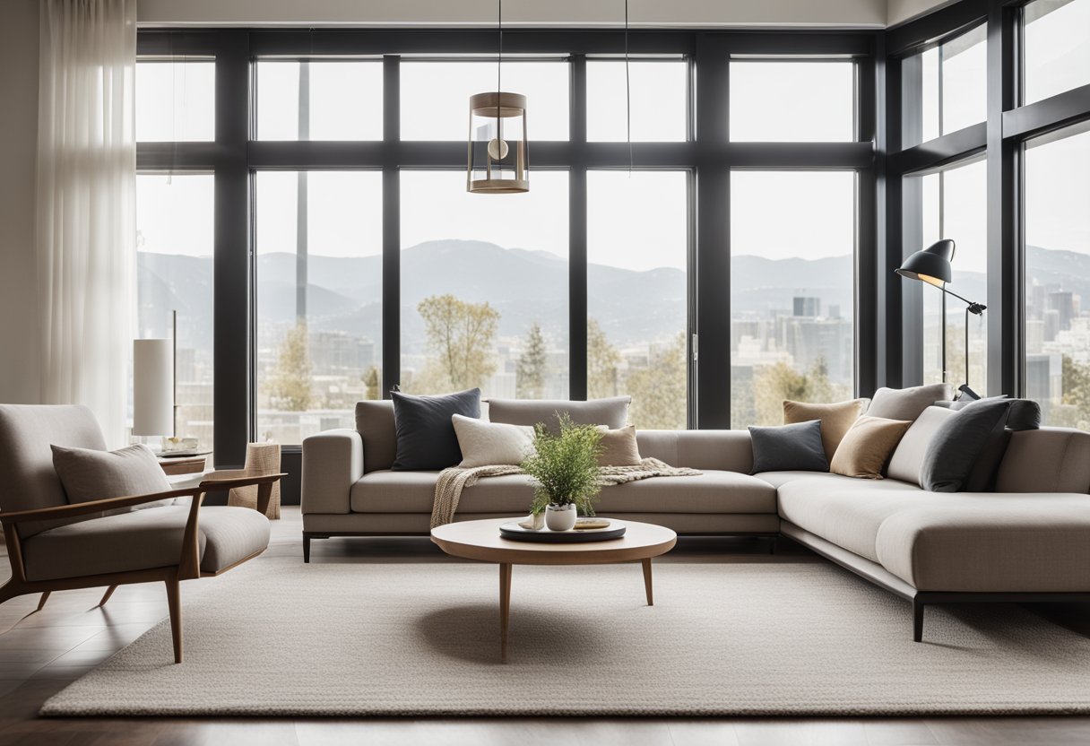 A modern living room with a neutral color palette, sleek furniture, and large windows letting in natural light. A cozy rug and decorative accents add warmth to the space