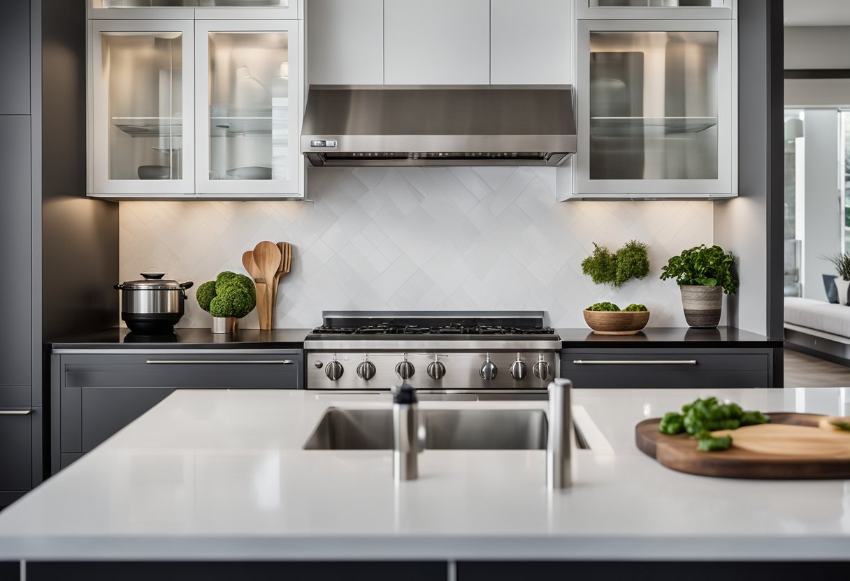 A sleek, modern kitchen with designer hoods prominently displayed above the stovetop. Clean lines, stainless steel, and contemporary design elements