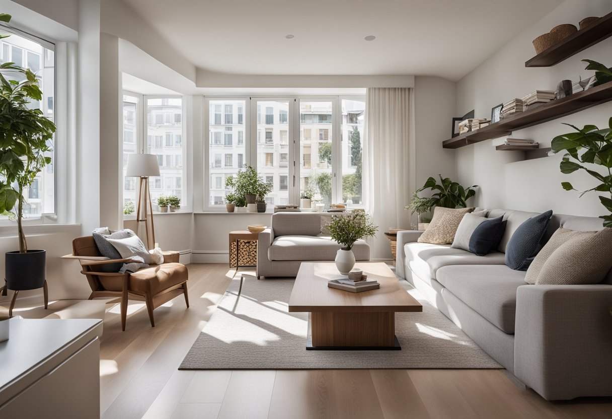 A cozy condo living room with clever space-saving furniture, built-in shelves, and a fold-out dining table. Bright natural light floods the room, highlighting the minimalist decor and creating an inviting atmosphere