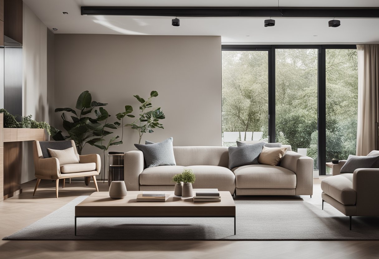 A modern living room with sleek furniture, neutral color palette, and functional design elements. A stylish blend of form and function