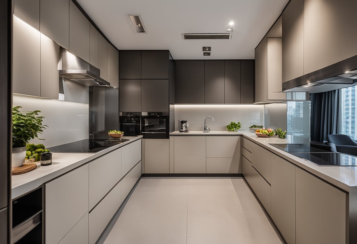 A spacious HDB kitchen with separate dry and wet areas. The dry kitchen features modern appliances and sleek cabinets, while the wet area includes a large sink and ample counter space for food preparation