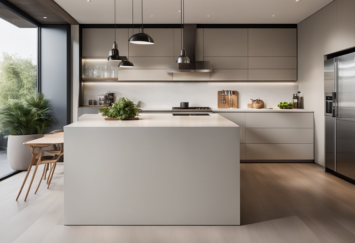 A sleek, minimalist kitchen island with clean lines and a neutral color palette. The countertop is made of durable, low-maintenance material, and there are plenty of storage options and integrated appliances