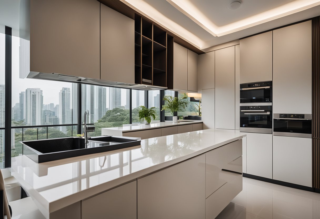 A spacious HDB kitchen with modern appliances, ample storage, and a sleek island. The dry kitchen area features minimalist design, while the wet kitchen includes a large sink and practical workspaces