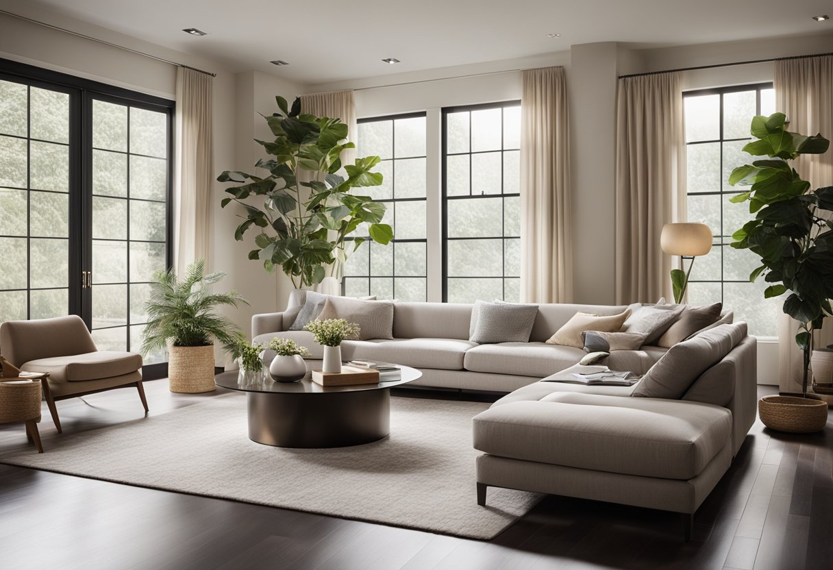 A modern living room with sleek furniture, a cozy neutral color palette, and plenty of natural light streaming in through large windows