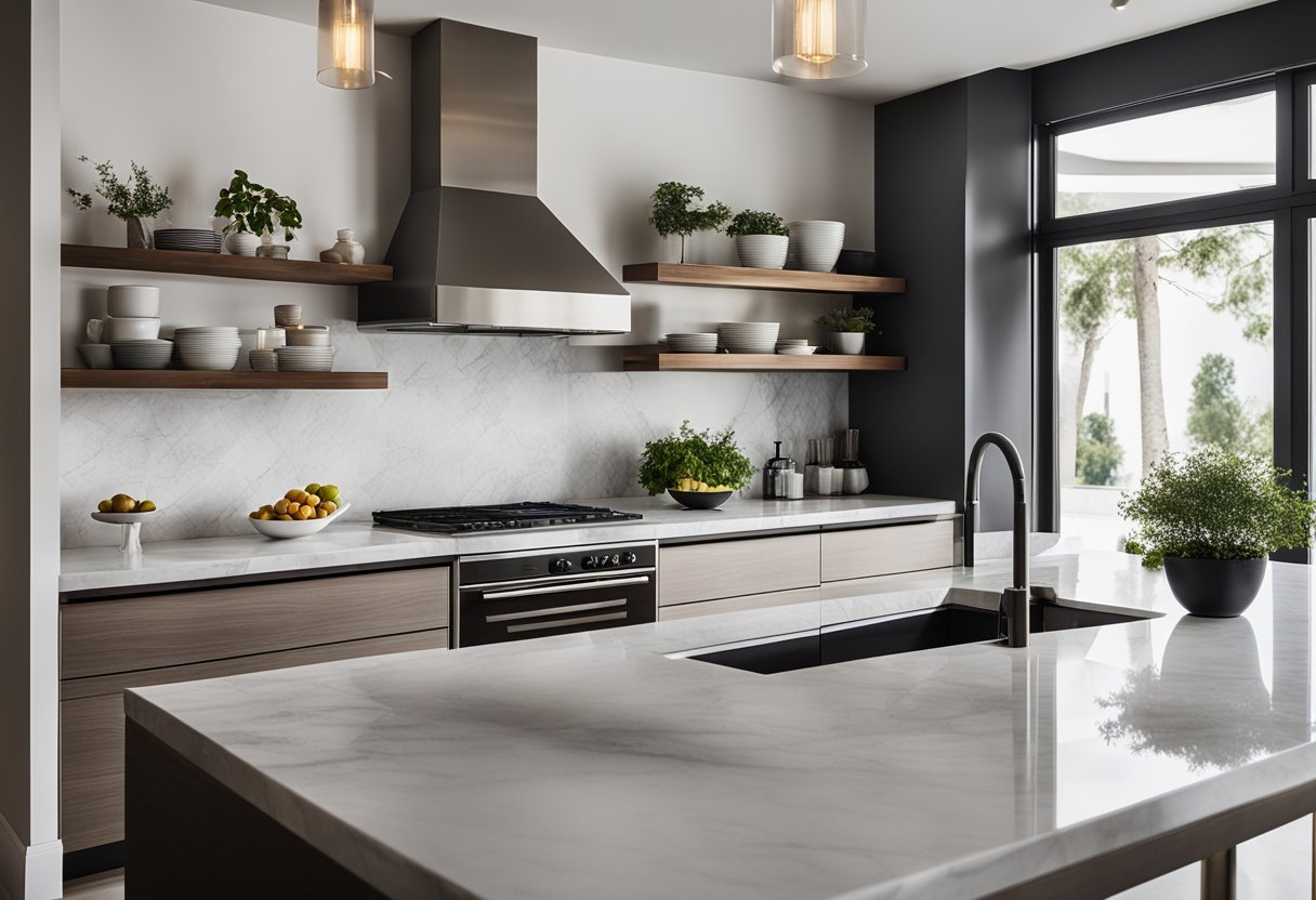 A sleek, modern dry kitchen island with clean lines and a minimalist aesthetic. It features a marble countertop, stainless steel appliances, and open shelving for a stylish yet functional design