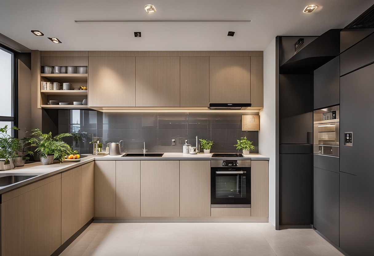 A spacious HDB kitchen layout with separate dry and wet areas, featuring ample storage, modern appliances, and clean, minimalist design