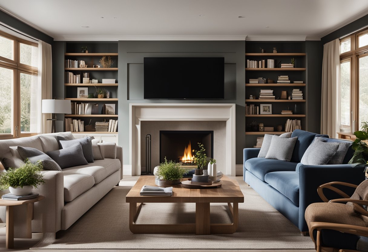 A spacious living room with a large, comfortable sofa facing a fireplace. A coffee table sits in the center, surrounded by plush armchairs. Windows let in natural light, and a bookshelf lines one wall