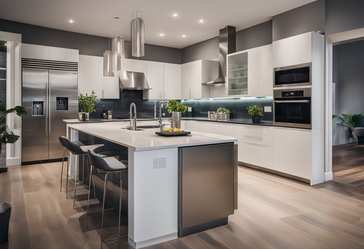 A modern kitchen with sleek cabinets, stainless steel appliances, and a spacious island. Separate dry and wet areas with functional layouts and ample storage