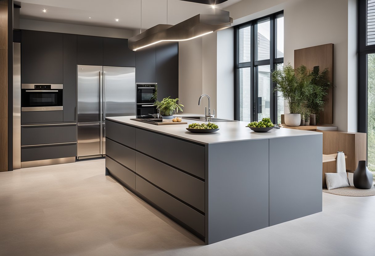 A modern, open-plan kitchen with sleek, minimalist dry kitchen islands, seamlessly integrated into the living space. Stainless steel appliances and clean lines create a contemporary, functional design