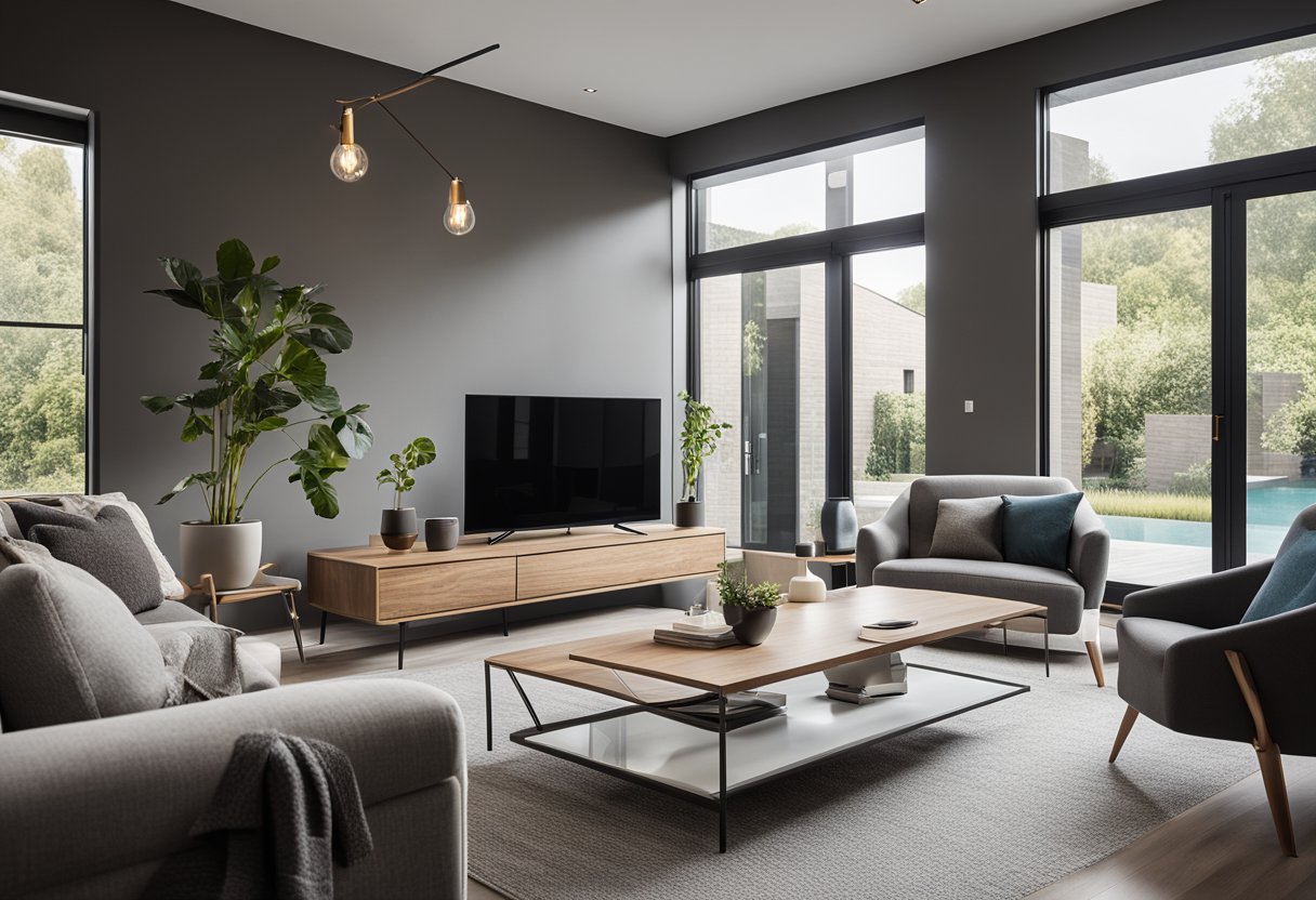 A spacious living room with a modern design, featuring a comfortable sofa, a coffee table, and a large TV mounted on the wall. The room is well-lit with natural light coming in through the windows