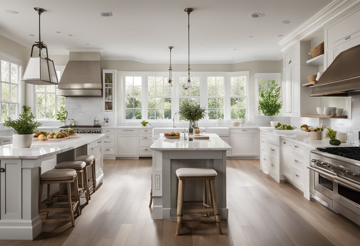 A spacious European kitchen with white cabinetry, marble countertops, and a large farmhouse sink. The room is filled with natural light from the large windows, and there is a cozy breakfast nook with a round table and upholstered chairs