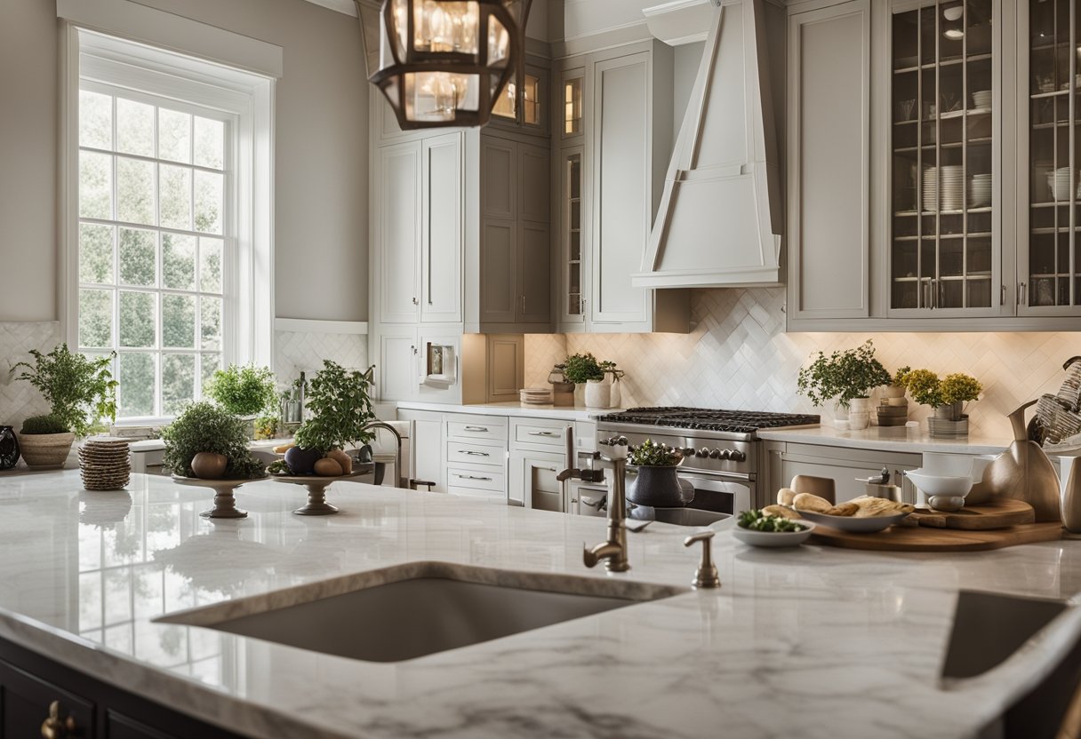 A spacious European kitchen with ornate cabinetry, marble countertops, and a large farmhouse sink. The room is filled with natural light from the large windows, and there is a cozy breakfast nook in the corner