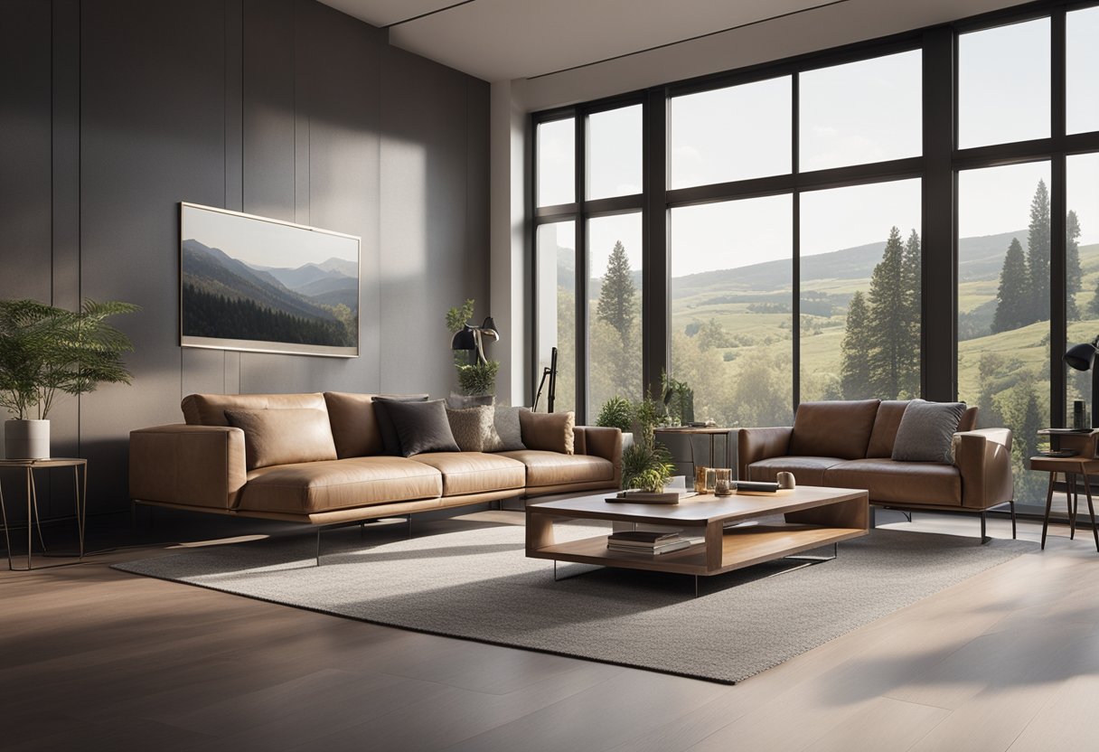 A spacious living room with modern furniture, large windows letting in natural light, and a cozy fireplace as the focal point