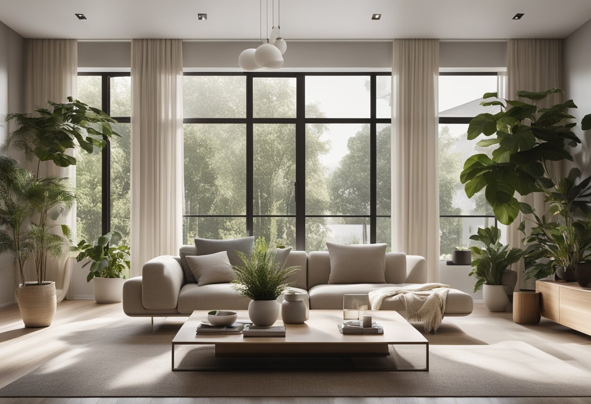 A modern living room with clean lines, neutral colors, and minimalistic furniture. Large windows let in natural light, while potted plants and abstract art add a touch of nature and creativity