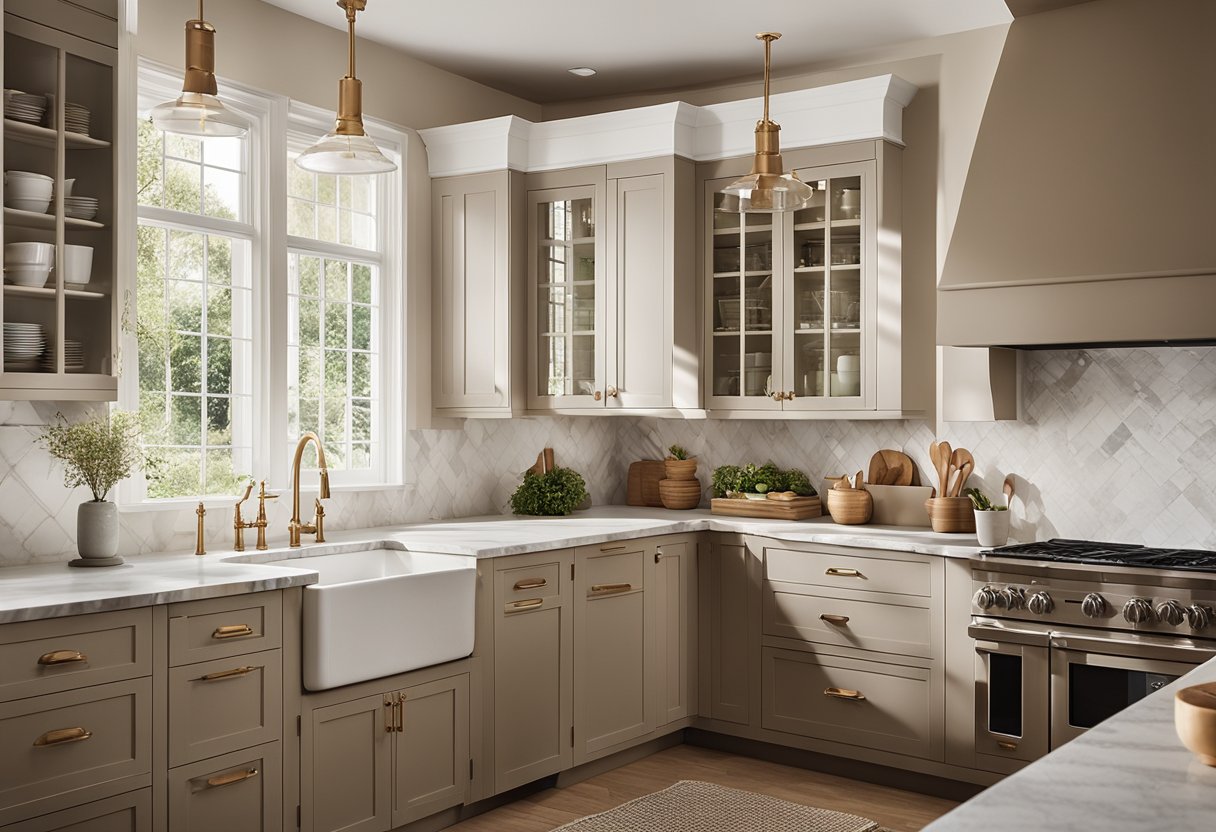 A spacious European style kitchen with marble countertops, elegant cabinetry, and a large farmhouse sink. The room is filled with natural light from the large windows, and the color palette is a mix of soft neutrals and warm earth tones