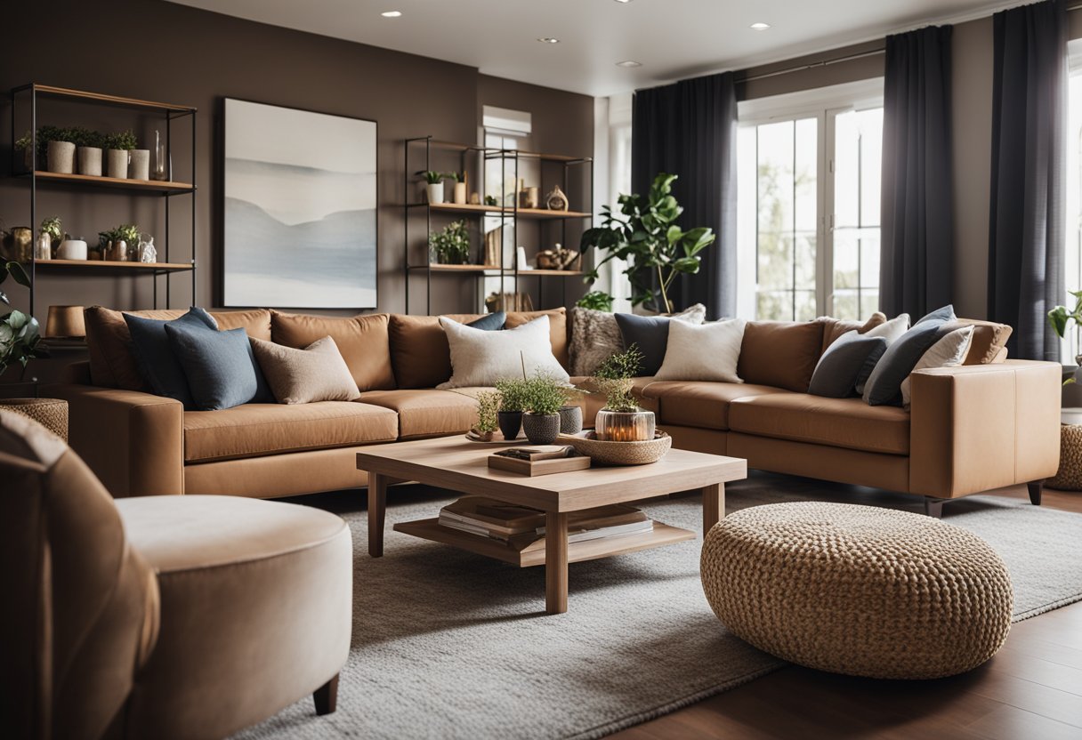 A cozy living room with a large, comfortable sofa, a coffee table, and soft, warm lighting. The room is adorned with tasteful decorations and has a warm, inviting atmosphere