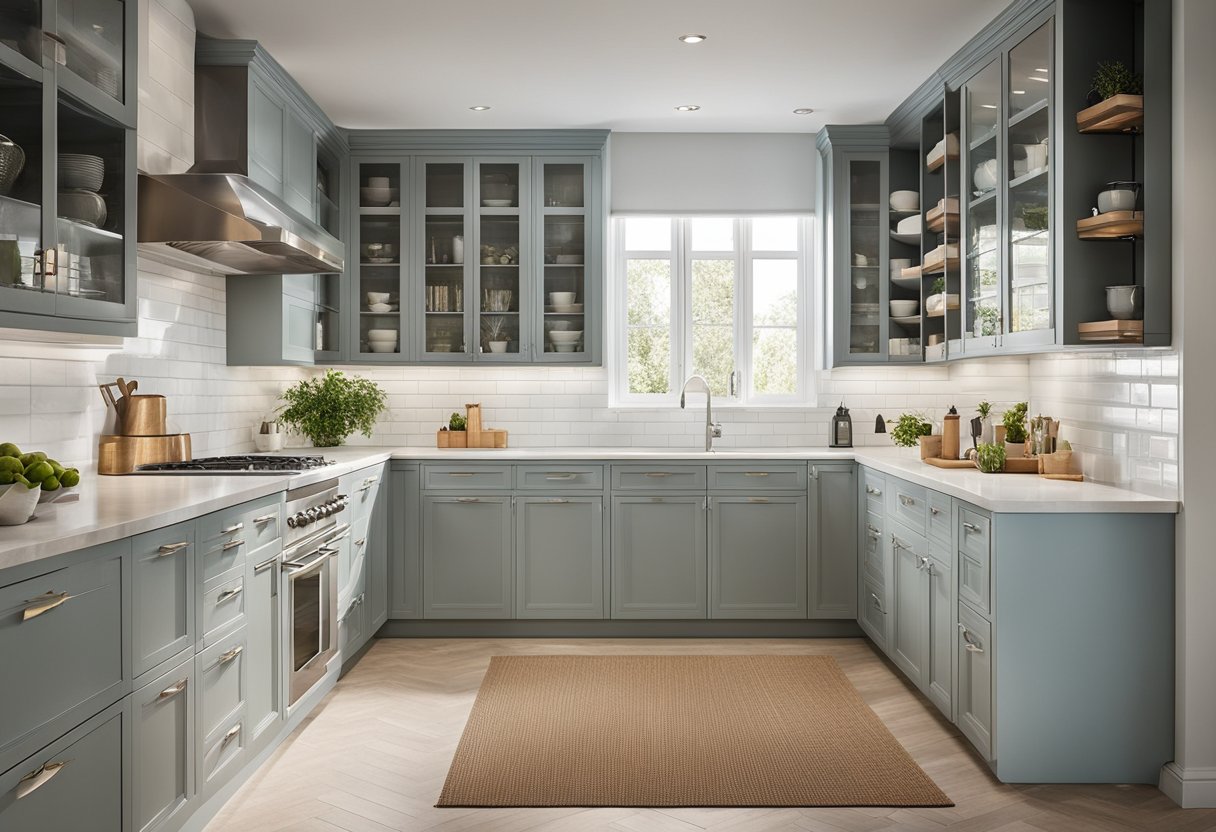 A bright, spacious kitchen with sleek, modern cabinets and countertops, featuring European-style design elements and efficient storage solutions