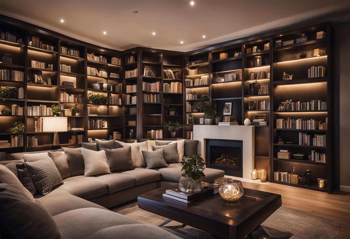 A cozy living room with modern furniture, warm lighting, and a large, inviting sofa. A bookshelf filled with books and decorative items adds character to the space