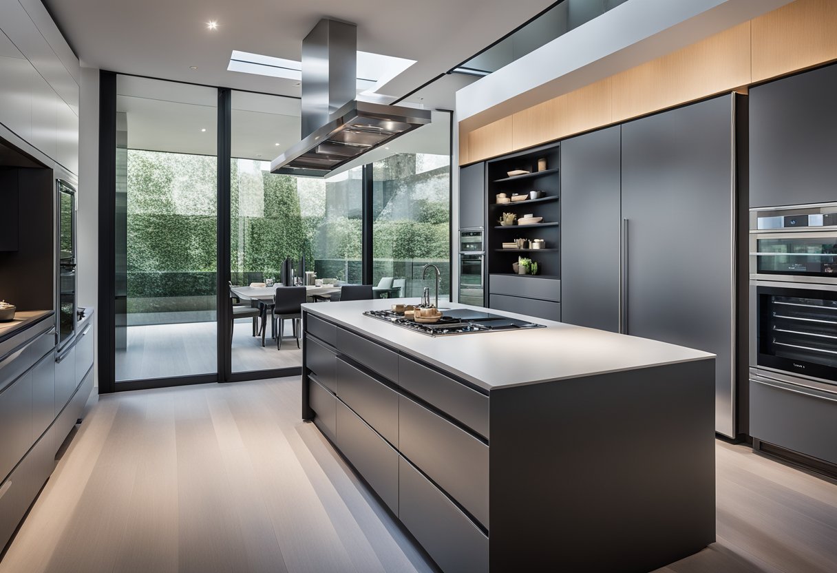 A sleek, modern Gaggenau kitchen with stainless steel appliances, minimalist cabinetry, and a large central island with a built-in cooktop and sleek pendant lighting