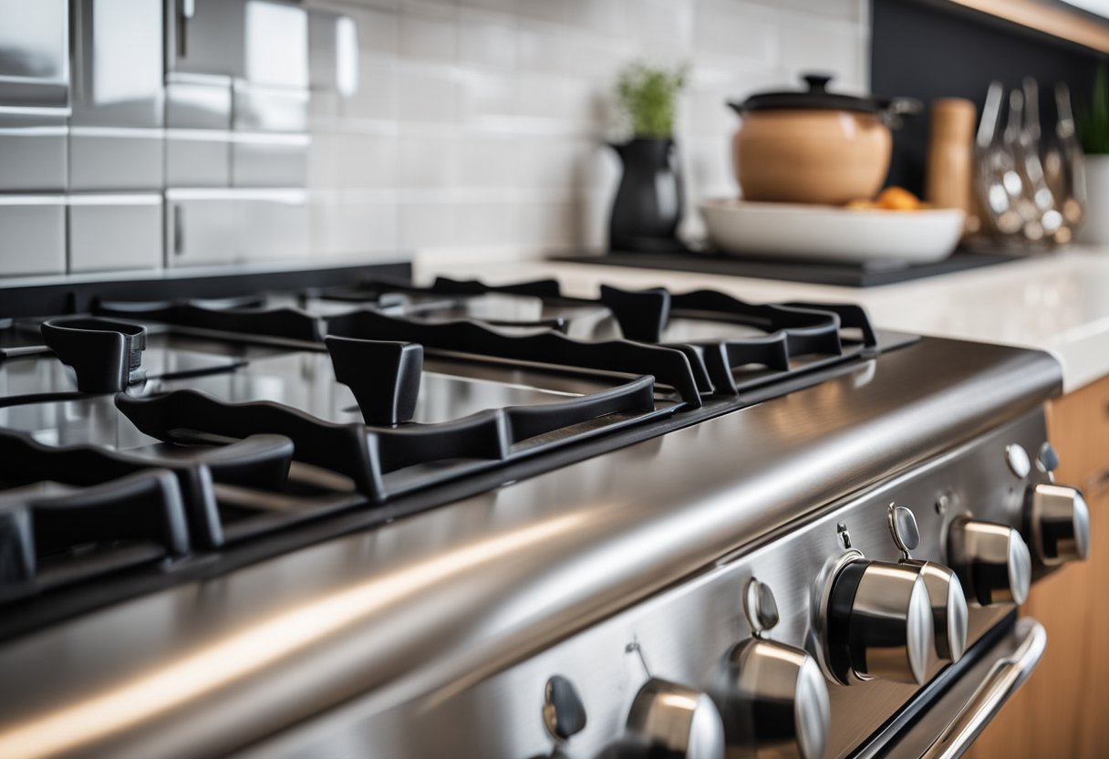 A stainless steel gas stove sits against a tiled backsplash in a modern kitchen, with four burners and sleek control knobs