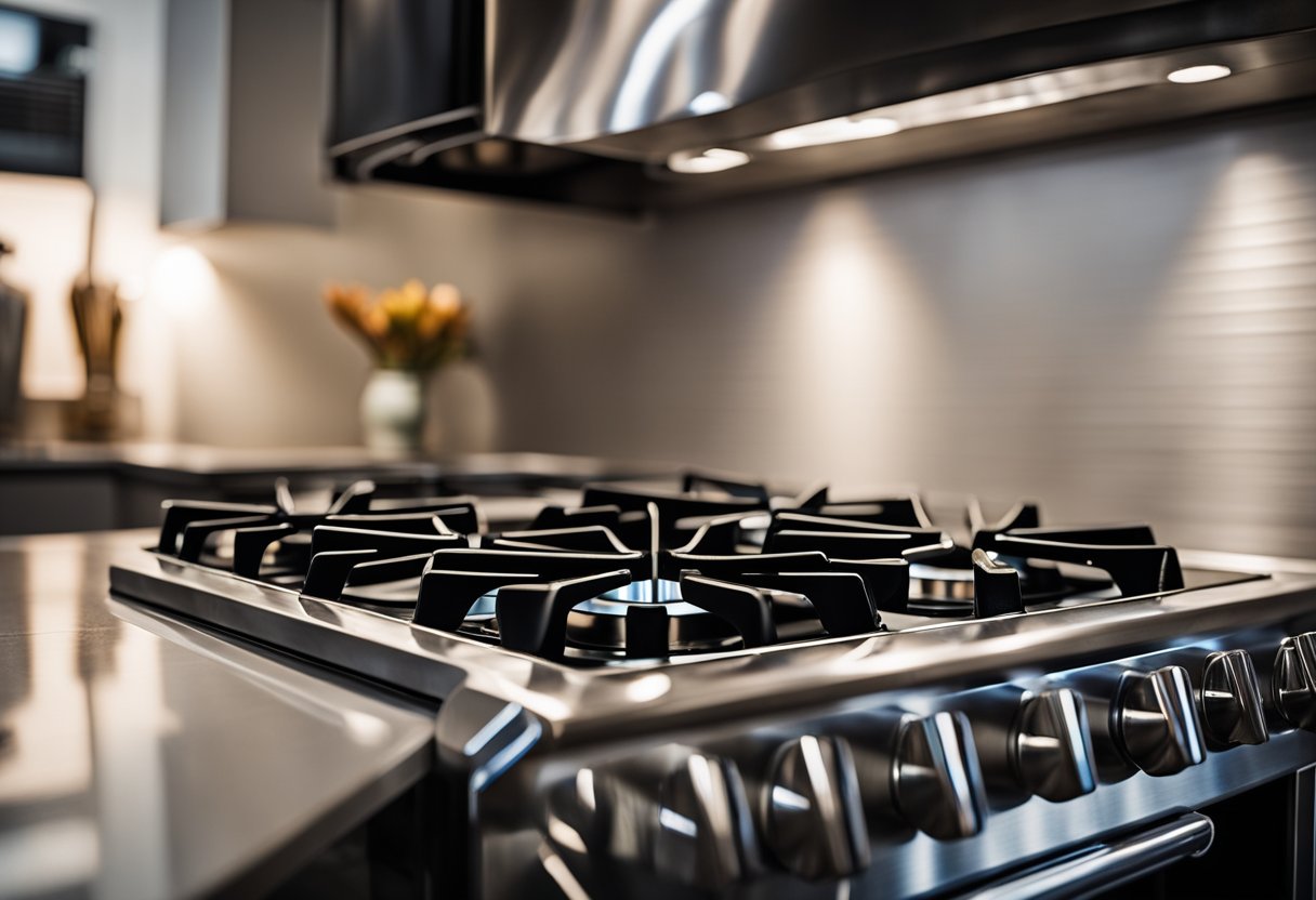 A gas stove sits in a modern kitchen, with sleek stainless steel surfaces and knobs. The burners are lit, casting a warm glow in the surrounding area