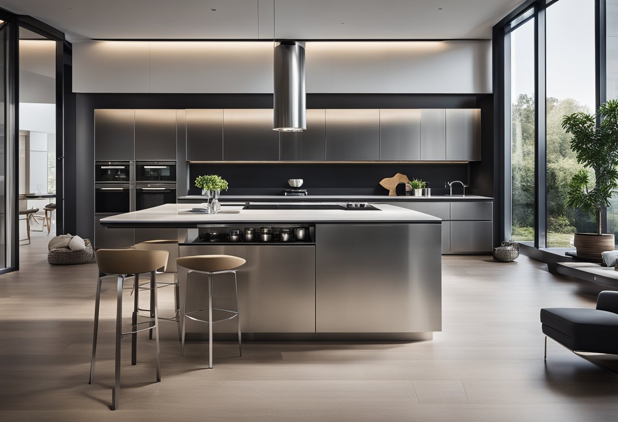 A modern, sleek kitchen with Gaggenau appliances, clean lines, and minimalist design. Stainless steel surfaces, integrated appliances, and a large island with seating
