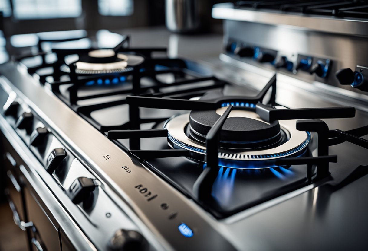 A modern gas stove with sleek design and safety features in a well-lit kitchen setting