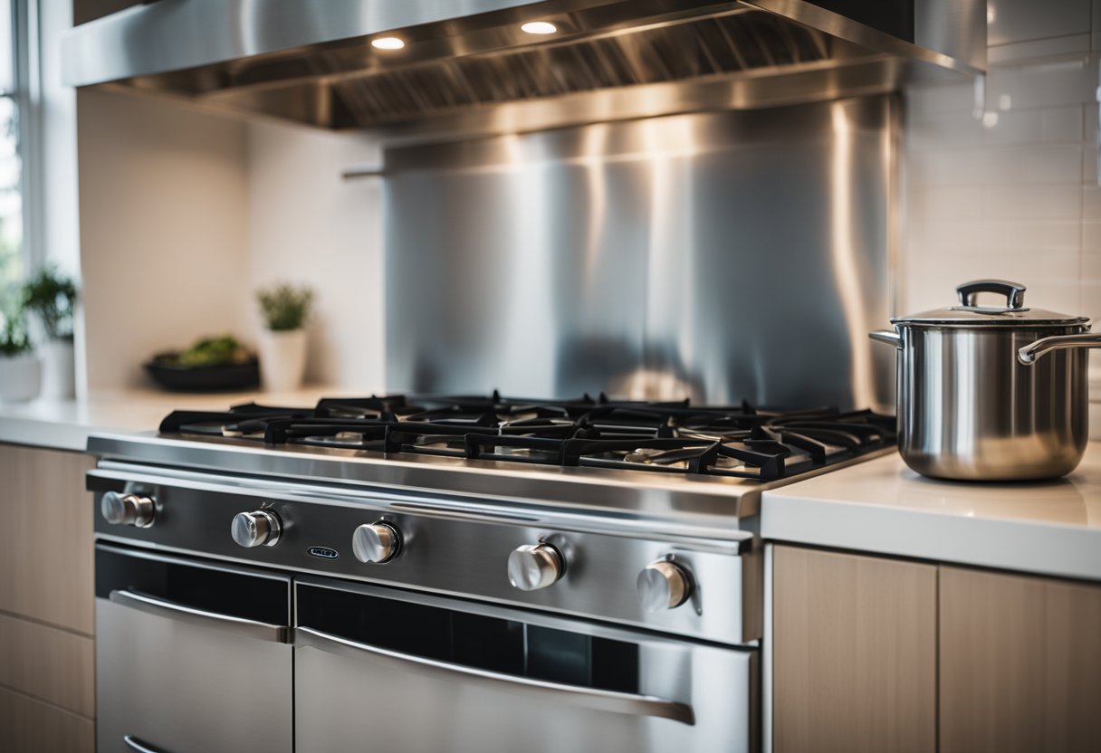A modern gas stove sits in a sleek kitchen, surrounded by stainless steel appliances and clean countertops. A pot of water steams on one burner, while the oven door is slightly ajar, hinting at a delicious meal baking inside